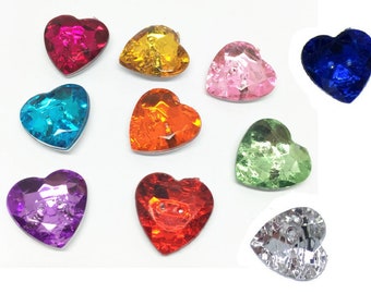 20 x Coloured Diamante Heart Crystal Button Rhinestone Buttons 2 Hole Craft