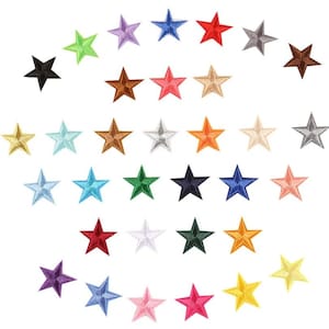 May include: A selection of embroidered star patches in a variety of colours, such as black, green, purple, blue, red, and gold. The patches are arranged in a scattered pattern, each with a five-point design. These patches are suitable for fabric embellishment.
