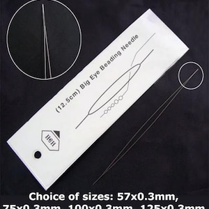 May include: A white packet of Big Eye Beading Needles, with the text "(12.5cm) Big Eye Beading Needle". The package includes a diagram of the needle's design. The text at the bottom reads "Choice of sizes: 57x0.3mm, 75x0.3mm, 100x0.3mm, 125x0.3mm".