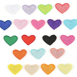 May include: Twenty embroidered heart patches in a variety of colours, including white, purple, green, red, blue, pink, and black. Each heart has a stitched border. These patches are suitable for fabric crafts and DIY projects.