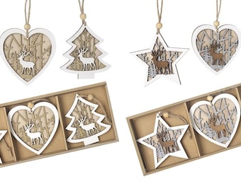 Wood Christmas Tree Decorations Wooden XMAS Baubles Hangers Nordic Rustic
