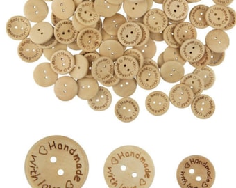 Handmade With Love Natural Wooden Round Buttons Hand Made 3 Sizes -15/20/25mm