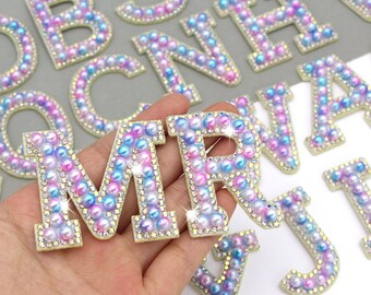 3D Pastel Pearl Rhinestone Letter Patch Patches Iron on Alphabet Crystal
