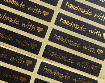 Rectangular Paper Labels 'Hand made with love' Gift Craft Stickers BLACK & GOLD