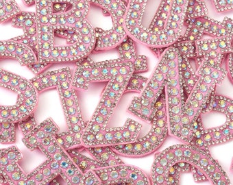 Pink & AB Rhinestone Letter Patch Patches Glue on Sew on Alphabet Crystal