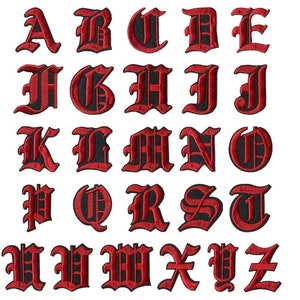 May include: A set of embroidered gothic alphabet letters, each in a striking red hue with black detailing. The letters A to Z are shown, ideal for customising clothing or craft projects.