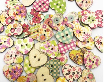 20 x Patterned Wood Heart Buttons Wooden Floral 2 Hole Sewing Craft Vintage