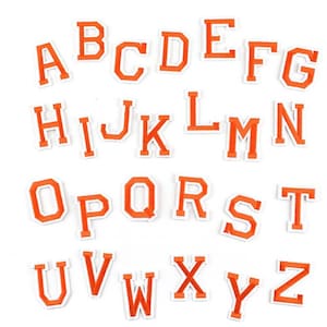 May include: A set of orange embroidered alphabet letters with white borders. The letters, in a sans-serif font, are scattered on a white background. Suitable for customising items or craft projects.