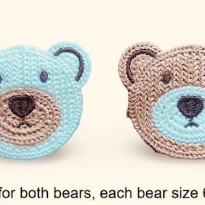 May include: Two knitted bear face patches. One is light blue with a brown muzzle and black details, the other is brown with a light blue muzzle and black details. Each bear measures approximately 6 x 5 cm.