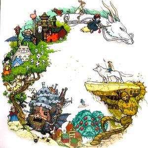 May include: A circular illustration featuring various animated characters and structures, including a large white dragon, a flying witch on a broom, a mechanical castle, a giant forest spirit, a wolf with a rider, and a robot among colourful buildings.