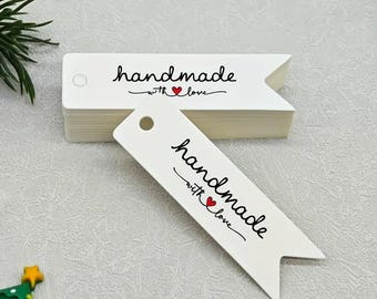 100 x Handmade with love tags 7x2cm White Hand Made tag