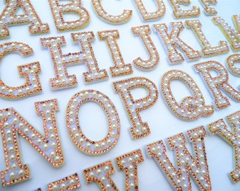 Alphabet Crystal Pearl & Gold Rhinestone Letter Patch Patches Glue / Sew on
