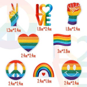 May include: A selection of rainbow-themed embroidered patches. Designs include a peace sign, a hand making the peace sign, a heart, the word "LOVE", a rainbow flag, a fist, a rainbow, and a smiley face. Sizes vary.