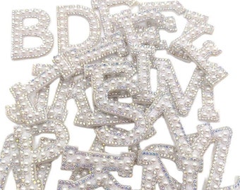 Alphabet Pearl & AB Rhinestone Crystal Letter Patch Patches Glue / Sew on 5cm