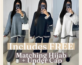 Co-Ord + FREE Matching Hijab+UnderCap - Women's Modest Stitched Knitted Jumper Top Wide Leg Trousers 2PCS Co-Ord Loungewear Stitch Style Set