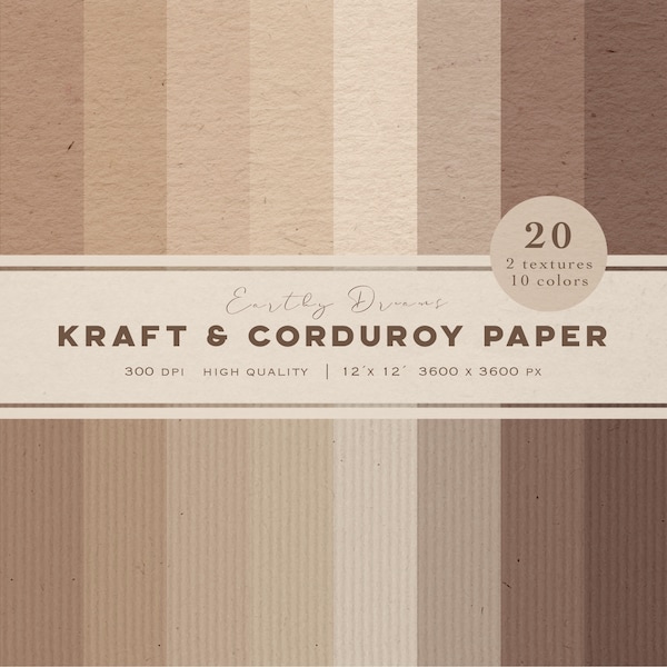 Kraft Digital Paper – Corduroy Seamless Digital Textures – Neutrals Digital Textured Paper – Rustic Cardboard Backgrounds – Scrapbook Paper