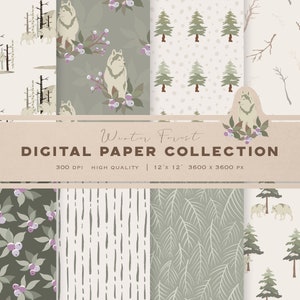 Wald Digitales Papier – Winter Boho Musterdesign – Wolf Wald digitaler Hintergrund – Neutrales grünes druckbares Papier – Kommerzielle Nutzung
