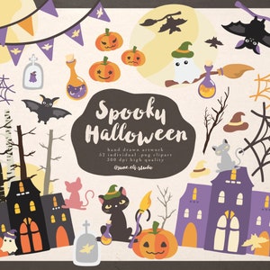 Spooky Halloween Clipart – Cute Halloween Graphic – Black Cat Pumpkin Clipart – Halloween Digital Download – Trick or Treat – Commercial Use