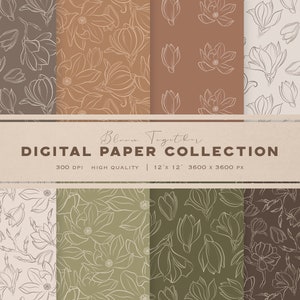 Papier numérique floral bohème - Motif artistique au trait de fleurs - Motifs magnolia sans couture - Arrière-plans de scrapbooking - Papiers botaniques imprimables