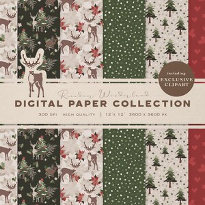 Seamless Christmas Pattern – Christmas Digital Paper – Woodland Deer Clipart – Printable Paper – Holiday Digital Scrapbook Backgrounds
