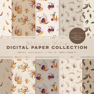 Watercolor Seamless Patterns – Autumn Leaves Digital Paper – Moody Fall Backgrounds – Neutral Scrapbook Paper –  Watercolor Leaves Download