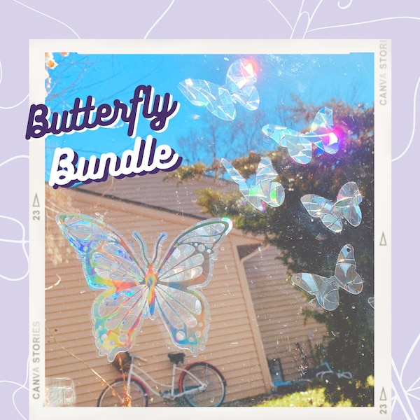 Butterfly Suncatcher Bundle, Flying Butterflies & Butterfly Suncatcher, Rainbow Window Prism, Window Suncatcher Decal, Rainbow Maker