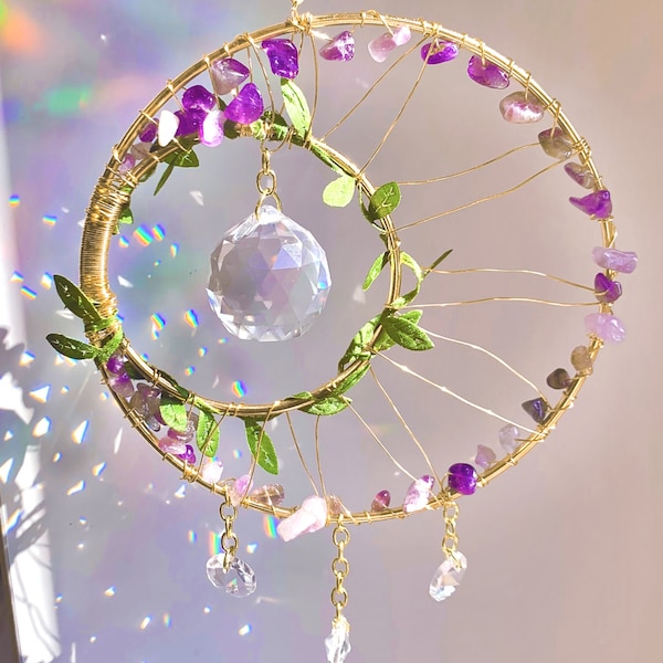 Moon and Leaf Hanging Suncatcher: Rainbow Prism, Healing Crystals