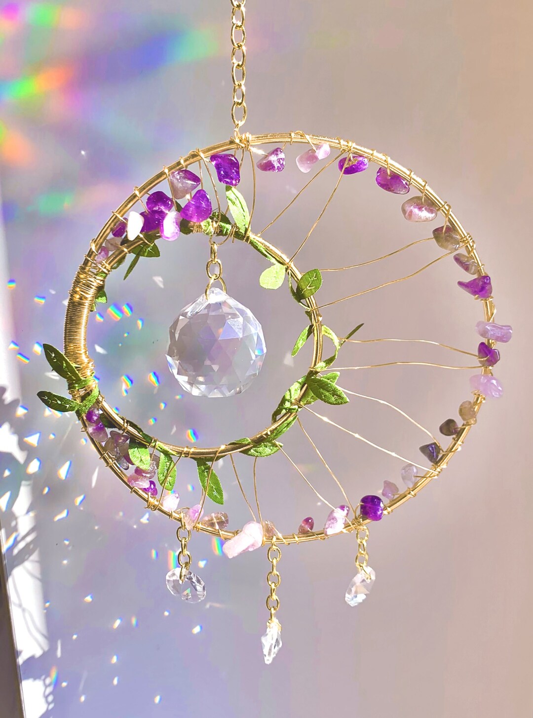 Crystal Rainbow Suncatcher With Moon Shaped Amethyst Stones, Crystal Sun Catchers Window Prism Crystals Catcher Wind Chimes For Window