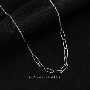 Silver Link Chain Necklace, Dainty Paperclip Link Chain Necklace, Sterling Silver Paper Clip Sparkle Necklace