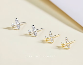 Airplane Stud Earrings, Tiny Plane Stud Earrings in Sterling Silver, Airplane Earrings, Silver or Gold, Stacking Earrings