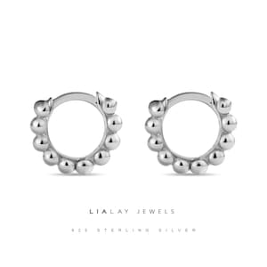 Bead Hoops, Bead Huggie Earrings, Tiny Beaded Huggie Hoop Earrings, Ball Hoop Earrings in Sterling Silver, Silver Hoop Earrings