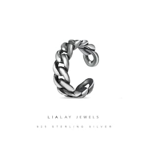 Unisex Sterling 925 Twisted Link Chain Huggies Ear Cuff Earrings, Silver Modernist Cool Trending Silver Fashion Ear Cuffs