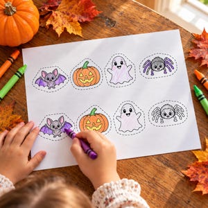 Puede incluir: Una hoja de papel blanca con dos filas de ilustraciones temáticas de Halloween con líneas de corte punteadas. Los dibujos incluyen un murciélago con alas moradas, una calabaza naranja, un fantasma rosa claro y una araña gris, todos con caras sonrientes.