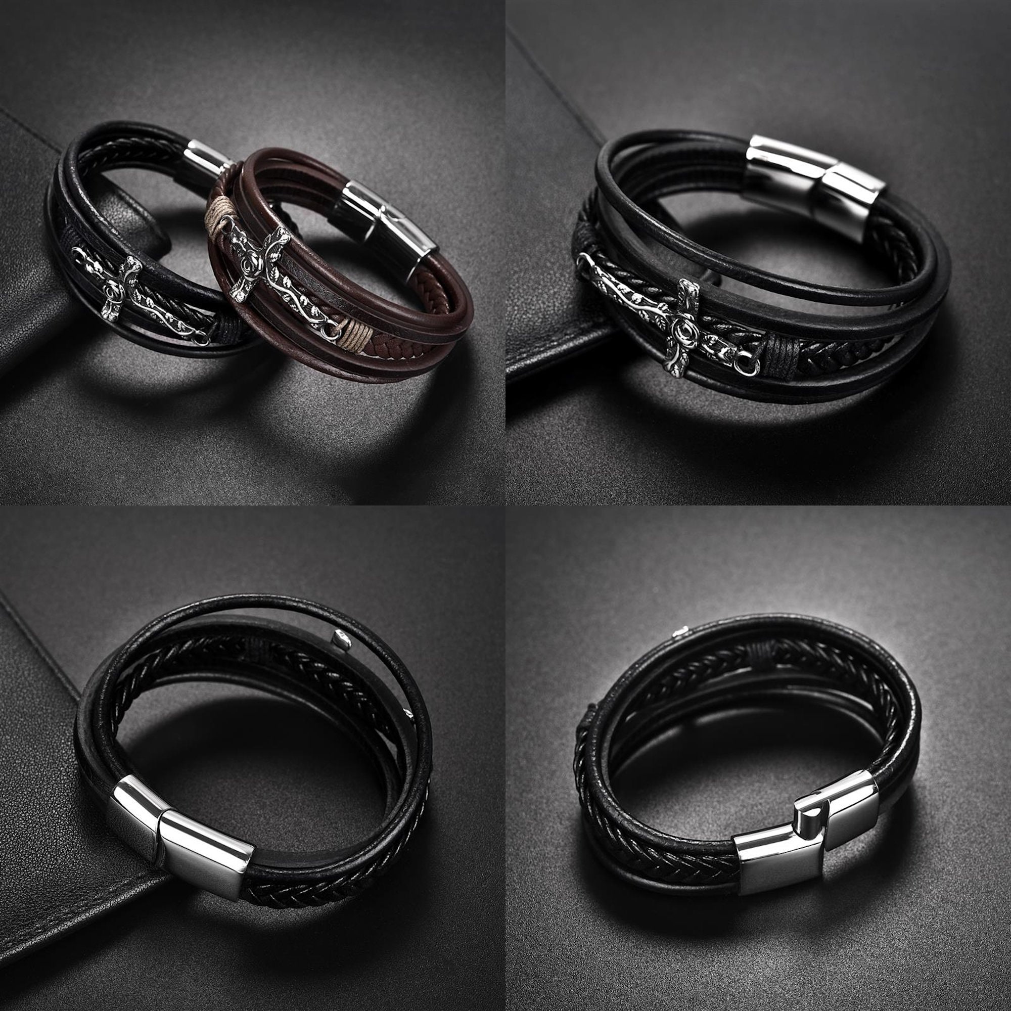 4x Herren Lederarmband Mit Kreuz - Verstellbares Geflochtenes Armband Christlicher Schmuck