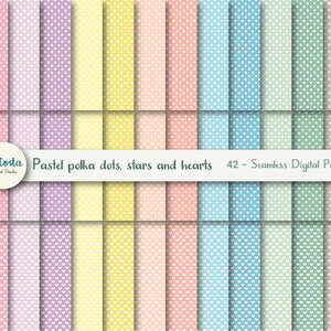 Puede incluir: Un conjunto de 42 papeles digitales con lunares, estrellas y corazones pastel en varios colores. Los papeles son sin costuras y se pueden usar para scrapbooking, creación de tarjetas y otros proyectos de manualidades.
