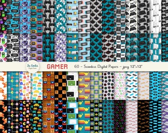 Gamer seamless digital papers. Video game scrapbook papers. Printable files. Commercial use. Instant download.