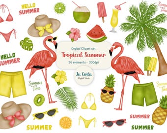 Tropischer Sommer Clipart: Flamingo, Hibiskus, Ananas (PNG Digital Download)