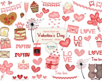 Könnte beinhalten: Ein digitaler Clipart-Satz mit Illustrationen zum Valentinstag mit Herzen, Blumen, Geschenken und Text. Das Set enthält 48 Elemente im Aquarell-Stil.