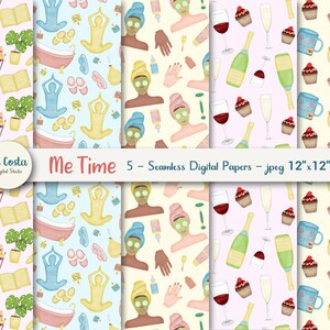 Me time digital paper. Self care patterns. Relax time scrapbook paper.  Instant download. Commercial use.