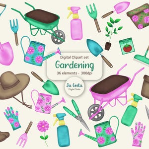 May include: A digital clipart set of gardening tools and plants. The set includes a wheelbarrow, watering can, shovel, rake, gloves, scissors, and a plant. The clipart is in a watercolor style and is perfect for creating digital projects.