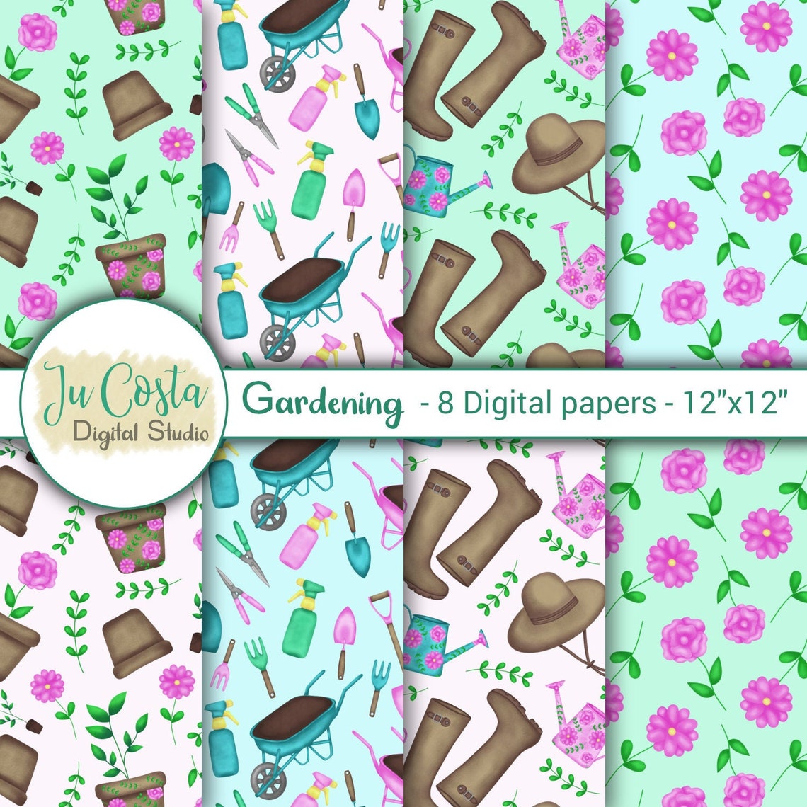Buy Gardening Digital Paper. Scrapbook Digital Paper. Garden Tools