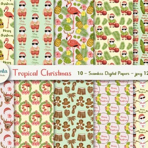 Tropical Christmas digital paper. Summer Christmas. Scrapbooking paper. Seamless pattern. Printable paper. Commercial use. Instant download.