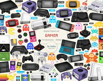 Pode incluir: Um conjunto de clipart digital de 110 ilustrações com tema de jogos. O conjunto inclui vários consoles de jogos, controladores, personagens e ícones. As ilustrações são de estilo cartoon e são perfeitas para criar projetos digitais.