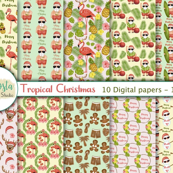 Tropical Christmas digital paper. Summer Christmas. Scrapbooking paper. Seamless pattern. Printable paper. Commercial use. Instant download.