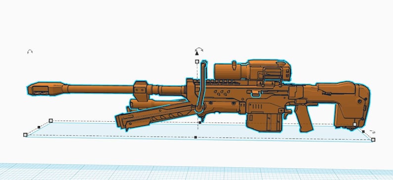 May include: A brown and black detailed 3D model of a futuristic sniper rifle with a scope.