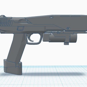 May include: A gray, futuristic-looking pistol with a black barrel and a magazine attached to the bottom. The pistol has a black grip and a silver trigger.