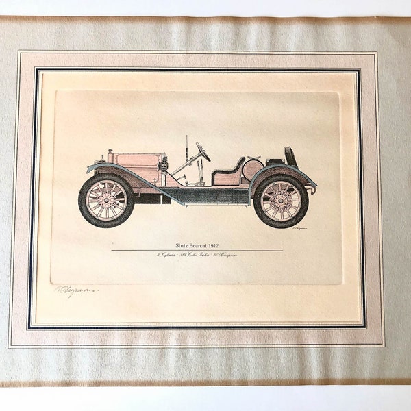 1950s Kenneth W. Chapman Signed Color Lithographs "Antique Cars" Set/2