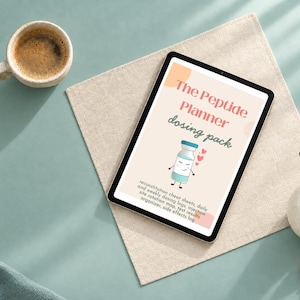 May include: A tablet displaying The Peptide Planner dosing pack with a cartoon vial illustration, text regarding reconstitution cheat sheets, daily and weekly dosing logs, injection site rotation map, test results organizer, and side effects log.