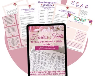 May include: A digital tablet displaying a pink and white graphic with the text "Fearless Faith 30 Day Devotional & Bible Study" and "One Exceptional Life" with a floral design on the screen. The tablet is on a pink and white background with other pages of the devotional visible.