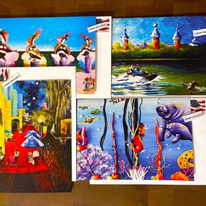 KARTEN mit STEMPEL! 4 Glossy Karten je 13x18cm. Von meinen Originalgemälden mit Umschlägen und erstklassigen Briefmarken! Markante Florida-Szenen!